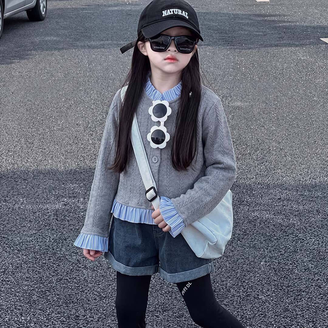 酷酷女生韩版纯色打底衫潮流秋冬款开衫2026新款儿童可爱花边上衣