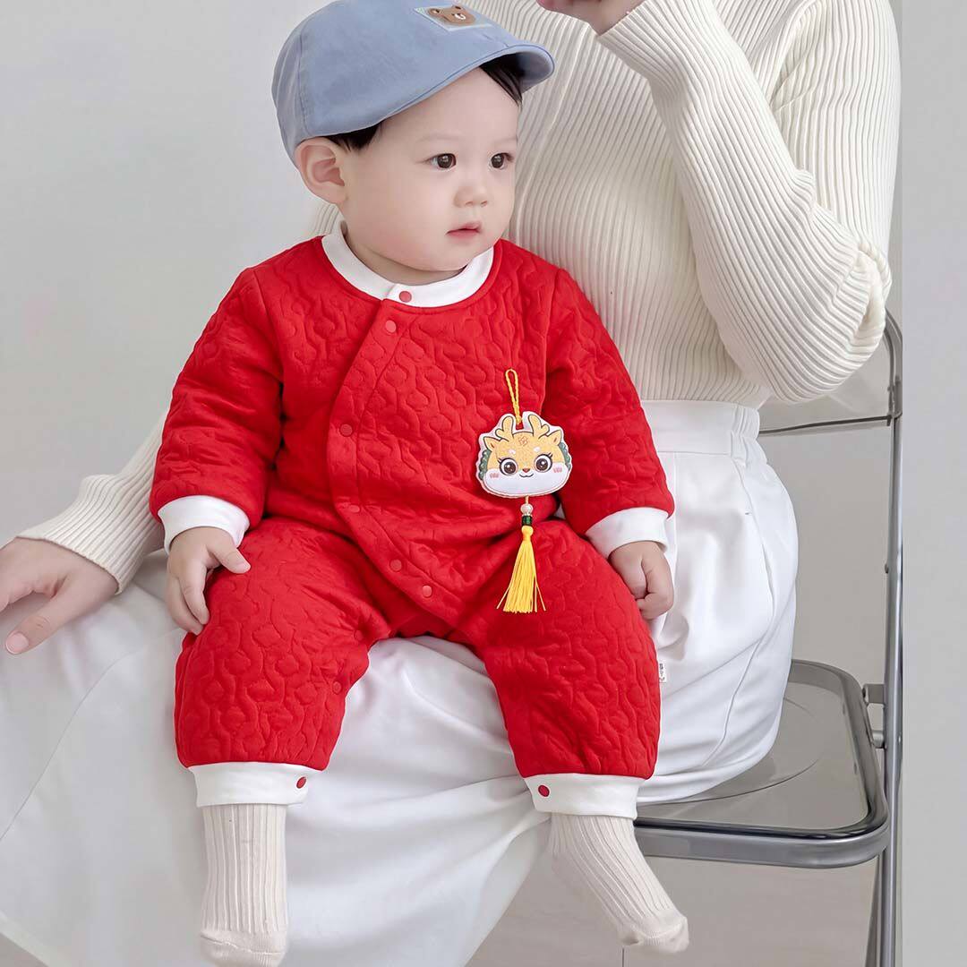 新生儿过年衣服 a类连体衣秋冬季宝宝拜年服婴儿红色夹棉周岁衣服