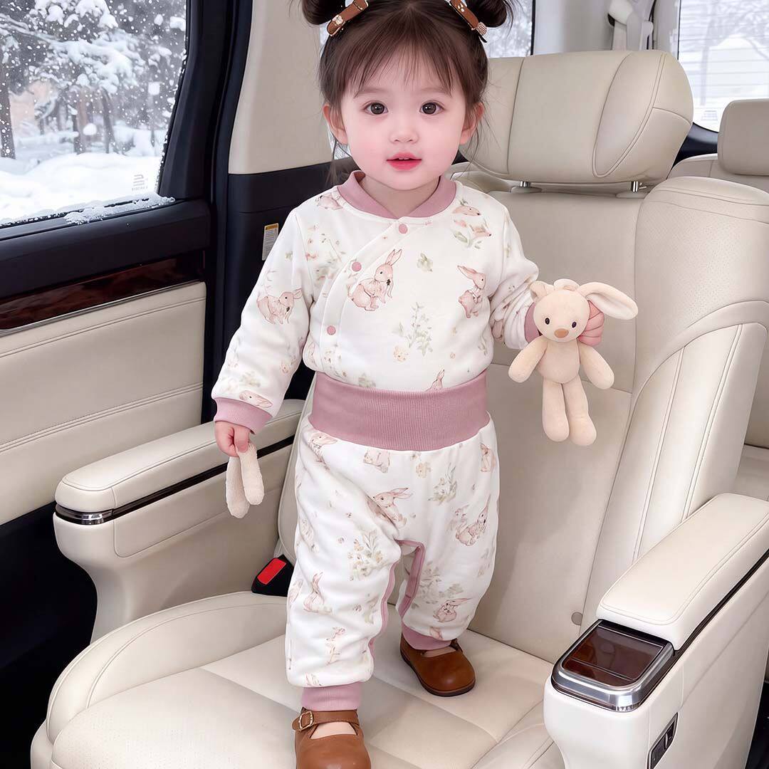 80克夹棉婴儿衣服加厚高腰套装新生宝宝分体两件套秋衣秋裤卡通