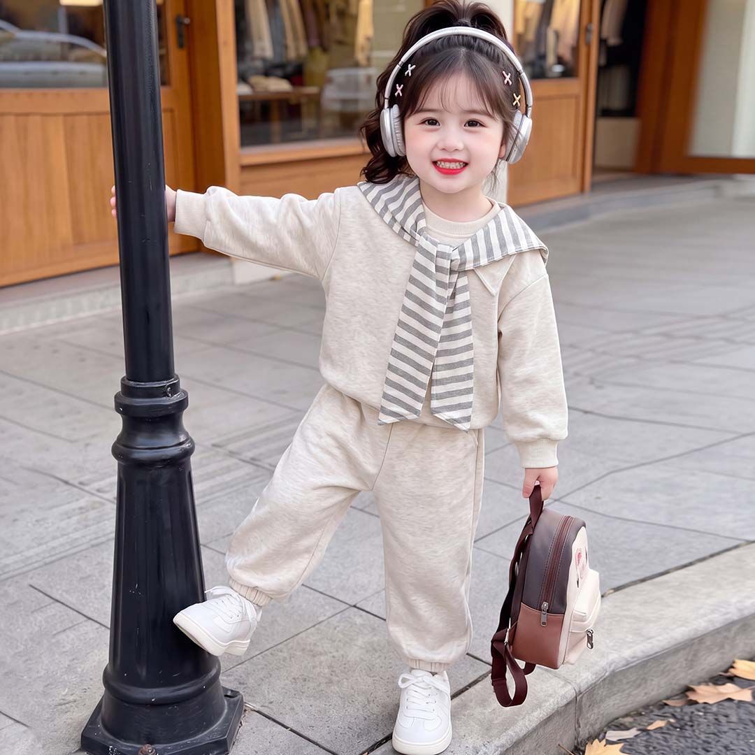 中小童休闲套装女童洋气时尚披肩卫衣三件套居家舒适优选韩版童装