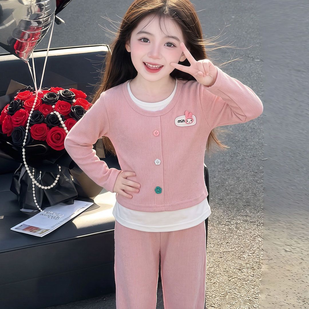 童装女童2026韩版春季新款彩点假两件套装可爱宝宝春秋款超萌潮流