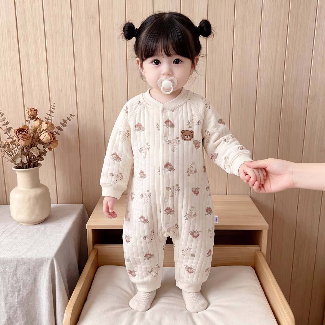 婴儿秋冬保暖连体衣夹棉宝宝薄棉连身哈衣A类新生婴儿爬服外穿