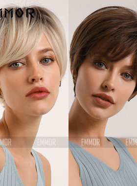 Emmor亚马逊外贸欧美假发wigs 黑色渐变金色直发短发化纤女士假发