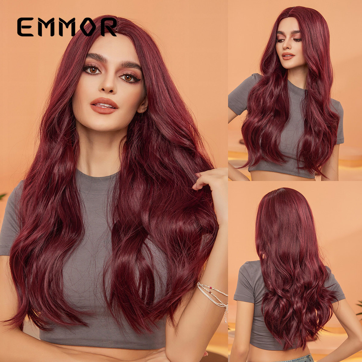 欧美热销女士假发 中分酒红色大波浪长卷发显白自然cos化纤头套