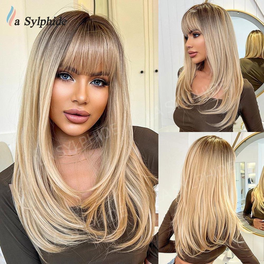 wigs齐刘海棕色渐变金色海外仓长直发女士高温丝机制化纤假发女士