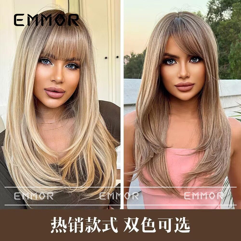亚马逊热销假发女 渐变棕色带刘海长卷发欧美网红时尚假发套