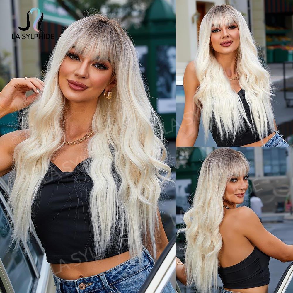 外贸空气刘海假发女欧美长卷发全头套高温丝Wig金色棕色渐变