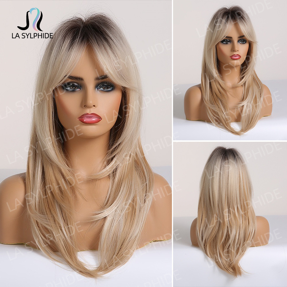 八字刘海中长纹理直发欧美知性假发女机制金色化纤头套层次Wigs