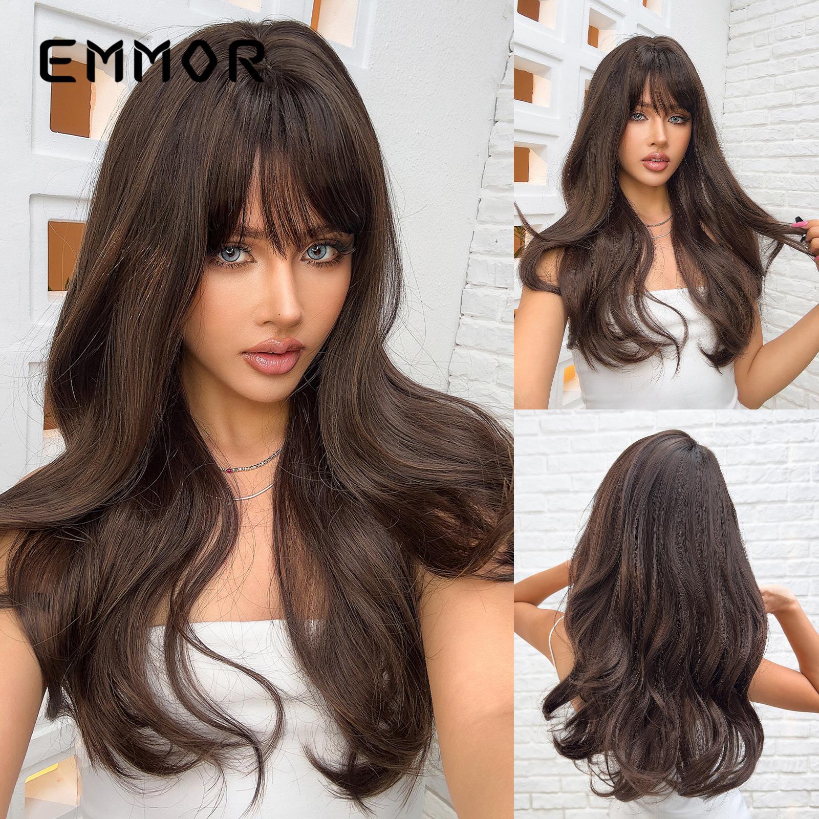 Emmor欧美时尚女士化纤假发 挑染金色棕色空气刘海自然长卷发Wigs