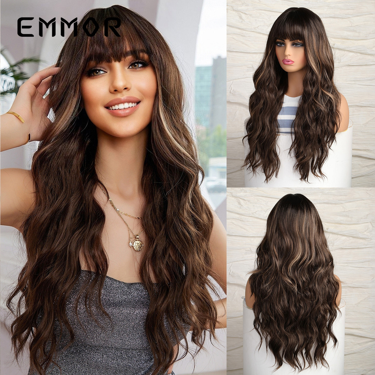 2024新款外贸挑染棕色齐刘海大波浪长卷发欧美假发全头发型hair