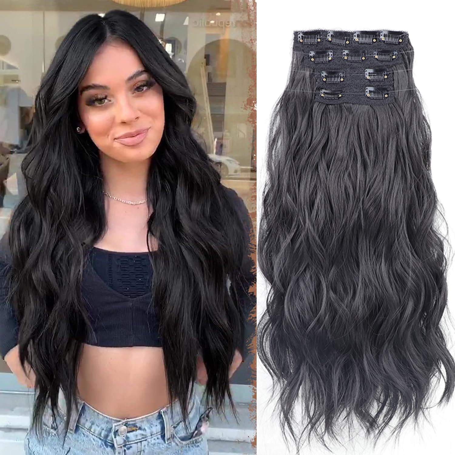 厂家 欧美假发水波纹长卷发四件套接发片化纤卷发片 一件