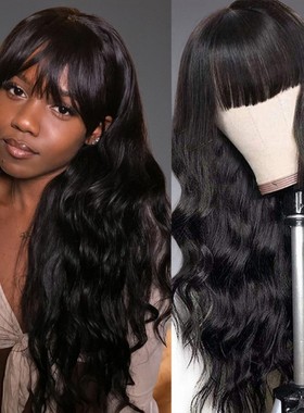 厂家直销假发女wigs齐刘海黑色长卷发亚马逊欧美机制化纤假发hair