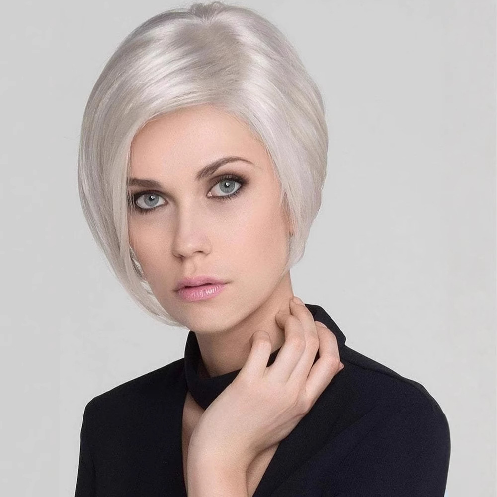 跨境外贸假发短直发欧美短发时尚银灰色假发女士偏分头套代发