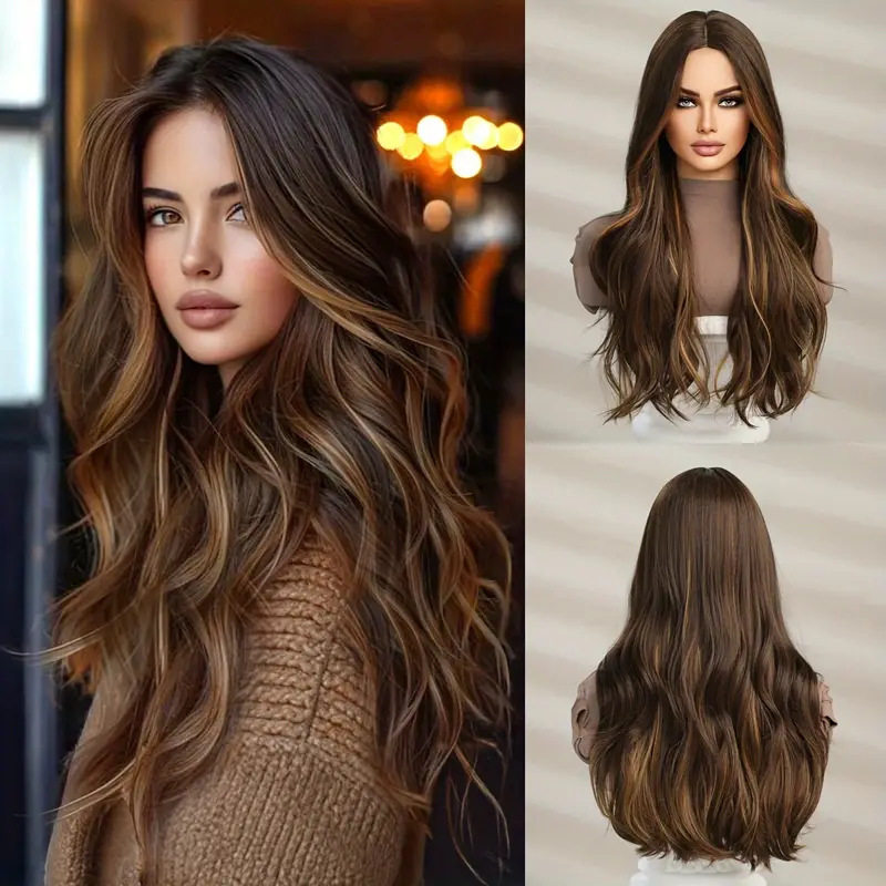 时尚新款欧美风女士假发挂耳挑染深棕色中分长卷发全头套工厂现货