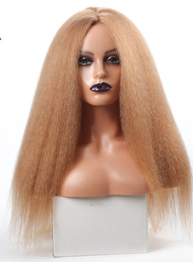 速卖通欧美假发化纤机制头套kinky straight 中分长发黑色非洲wig