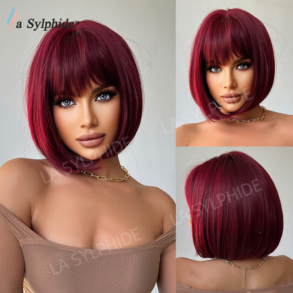 欧美跨境女士酒红色齐刘海直发BOBO头多色可选机制化纤假发玫瑰网