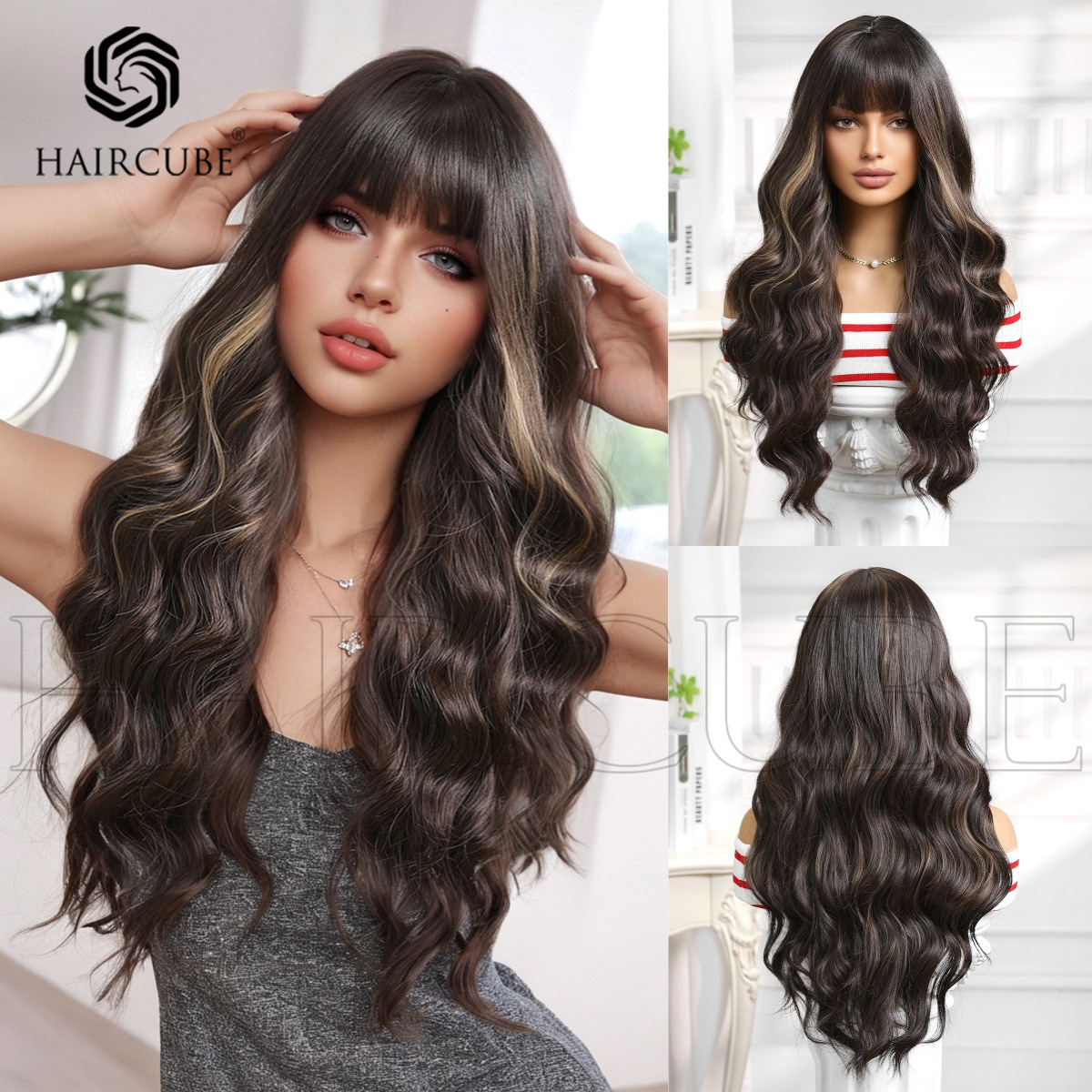 云髻家假发长卷发波浪棕色挑染外贸假发头套女日常全头型假发wigs