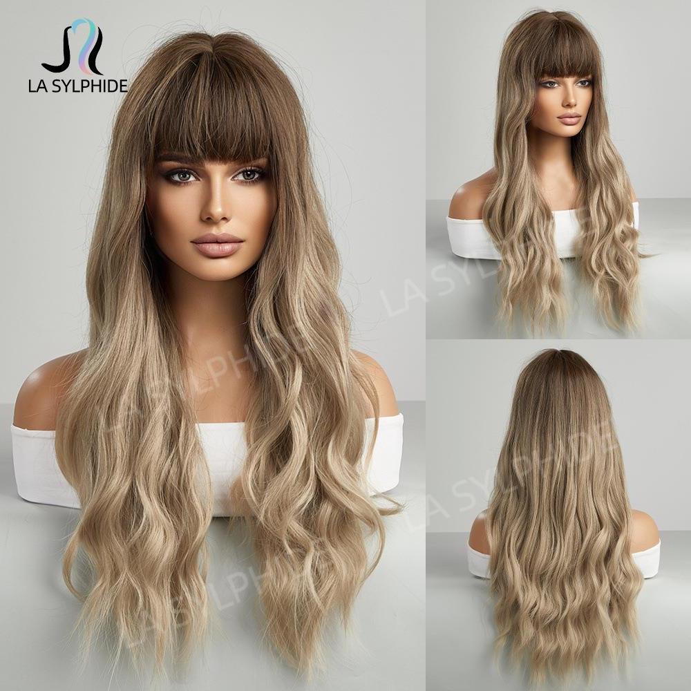 长卷发齐刘海假发新品 渐变金色长发机制全头套玫瑰网高温丝wigs