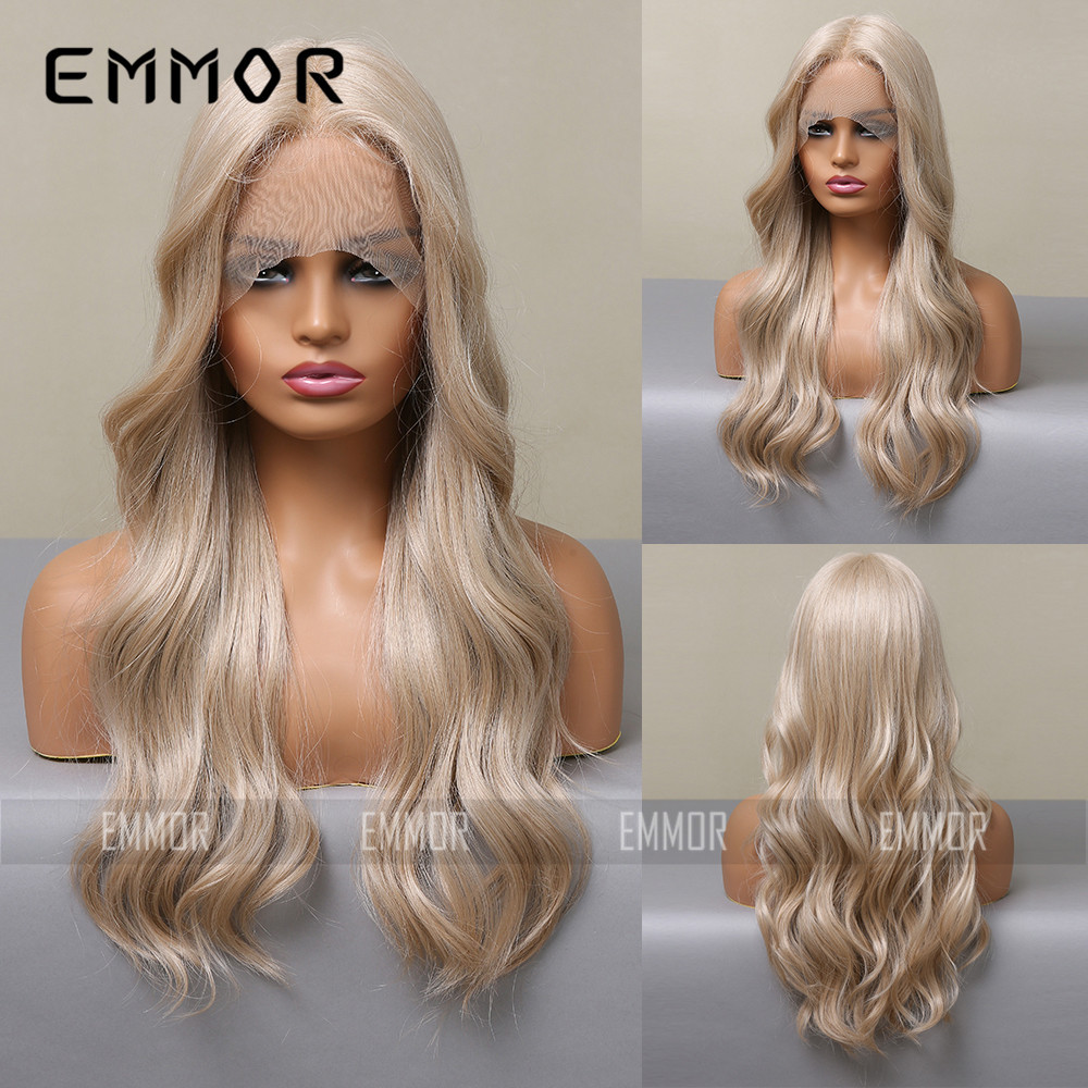 小T型蕾丝假发女中分金色大波浪卷自然cosplay蕾丝全头套发型wigs