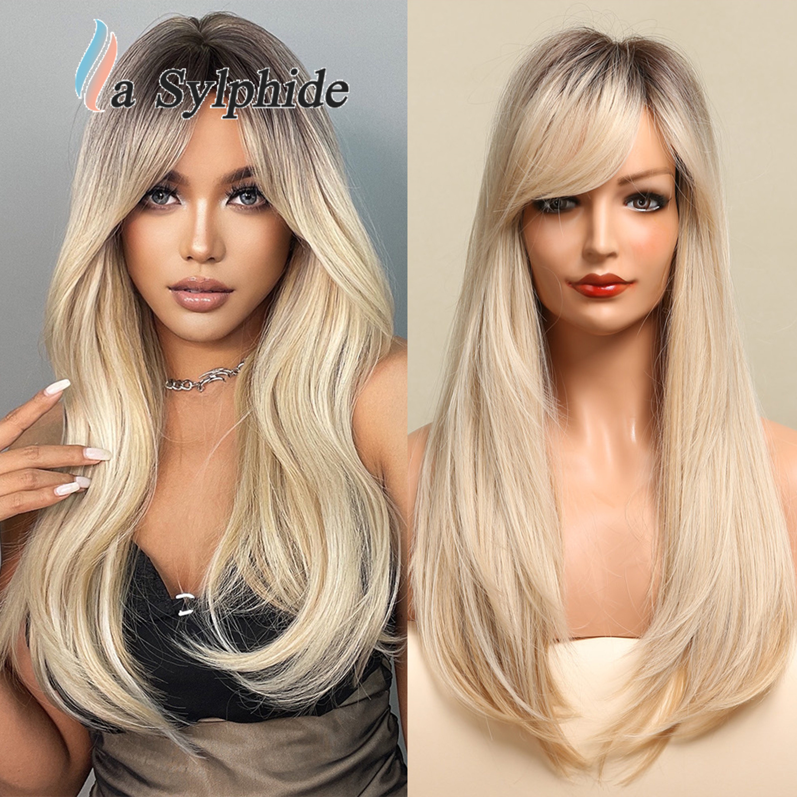 假发女C形发缝渐变金色偏分长直发玫瑰网头套化纤斜刘海