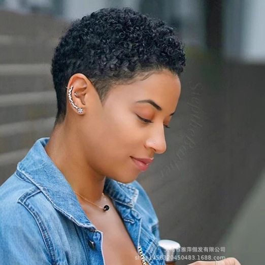 跨境新款外贸欧美假发黑色短卷发非洲小卷玫瑰网头套工厂直销现货