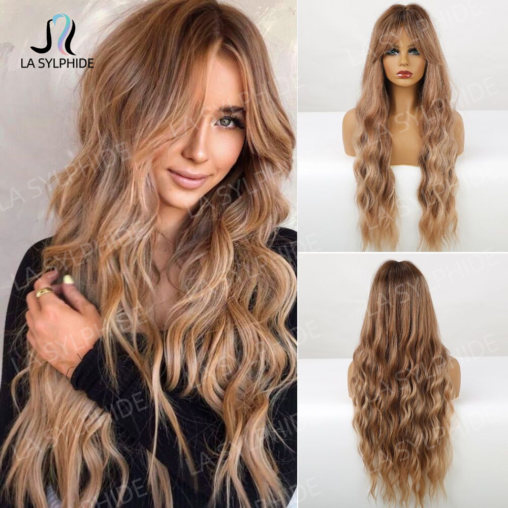 外贸假发女欧美八字刘海长卷发棕色渐变高温丝机制头套hair俄罗斯