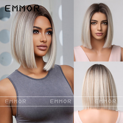 Emmor亚马逊新款假发 中分灰色短直发bobo头全头套工厂直销