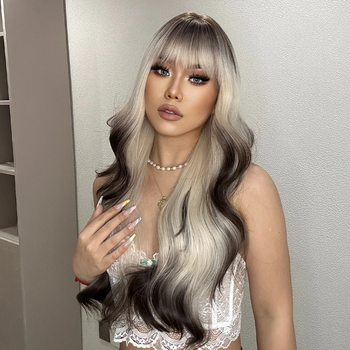 欧美新品假发女 齐刘海白金渐变巧克力新潮发色大波浪卷发假发套