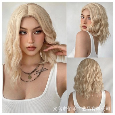 欧美跨境新款白金色偏分短卷发高温化纤丝假发女头套厂家wigs