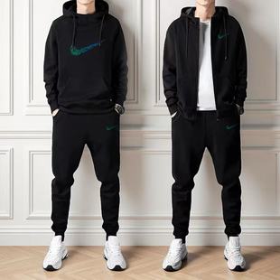 夹克搭配裤 秋冬连帽拉链卫衣套装 开衫 休闲运动加绒二件装 子 男修身