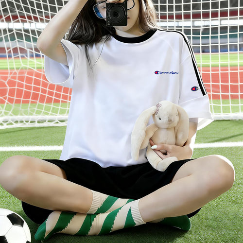 冠军彩虹三杠夏季纯棉短袖T恤女