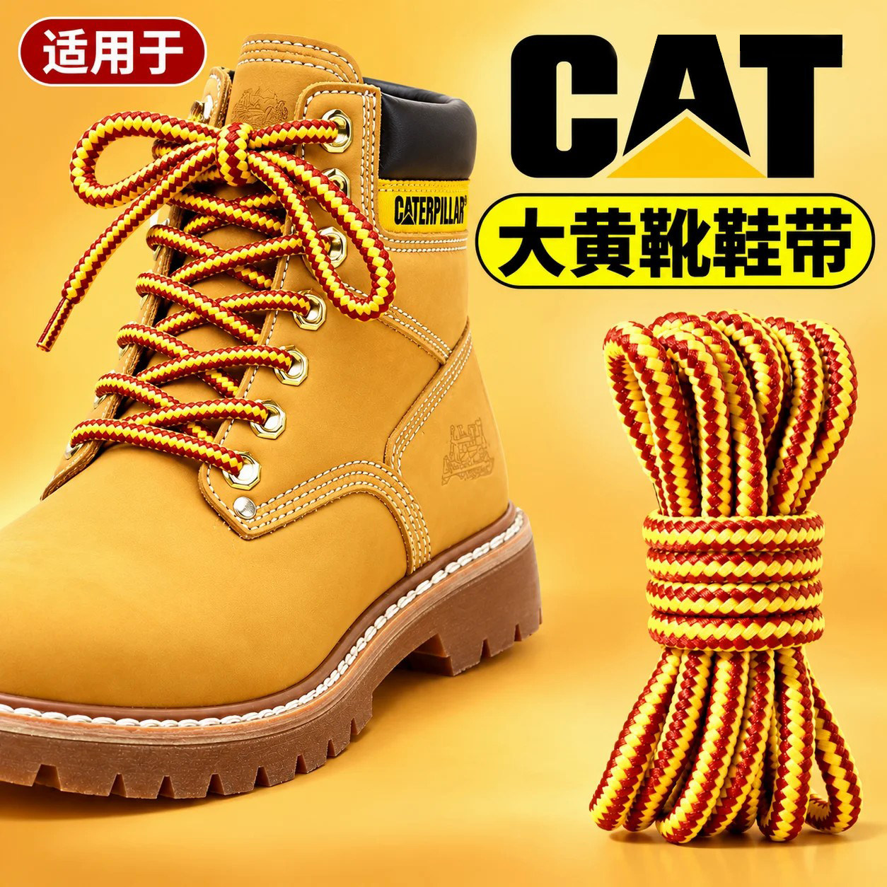 适用于卡特cat马丁靴鞋带大黄靴男款圆形圆绳加粗弹力松紧防滑女