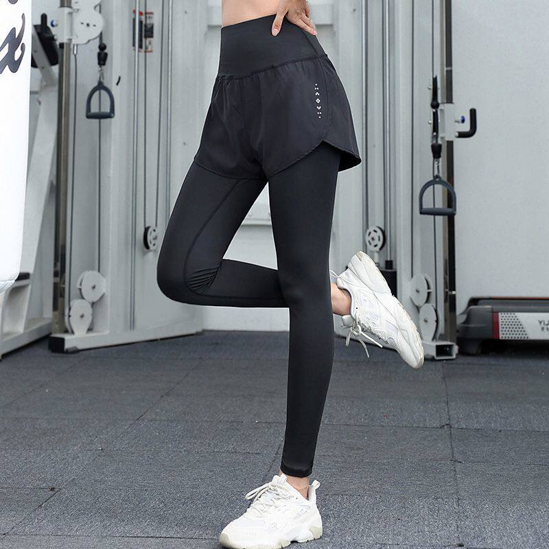 运动裤女健身房专用大码假两件瑜伽裤胖mm薄款长裤高腰提臀跑步裤