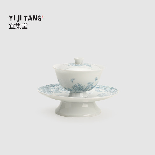 宜集堂福袋花间集三才盖碗茶杯德化白瓷单个高档薄胎青花泡茶茶碗