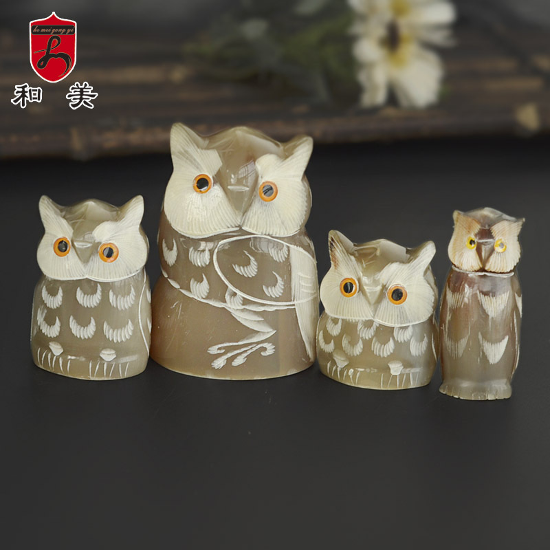 创意款和美 天然牦牛角手工雕刻猫头鹰摆饰 简约中式动物摆件