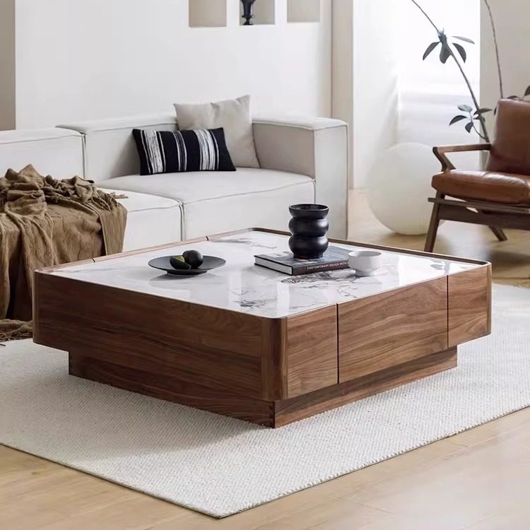 意式轻奢北美黑胡桃木岩板茶几客厅正方形茶台家用简约实木茶桌