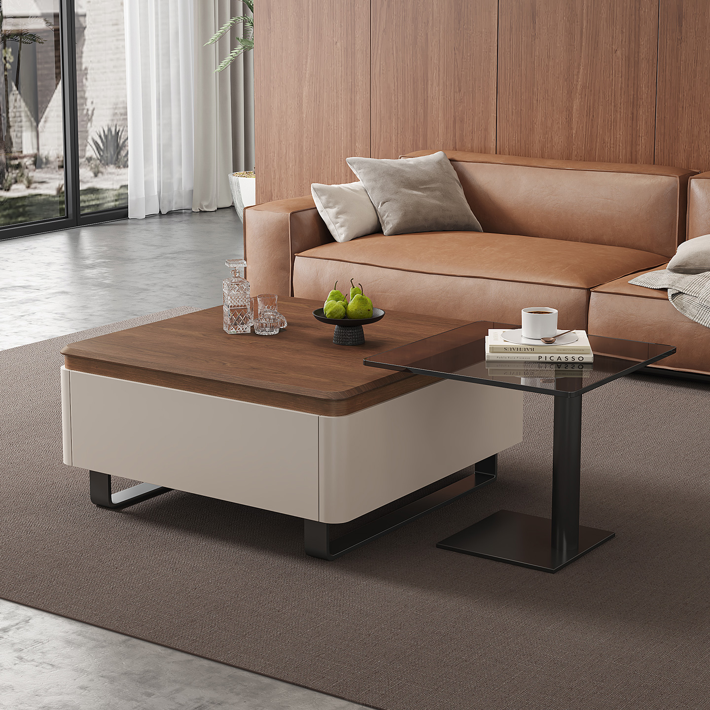 方形设计师胡桃木茶几组合