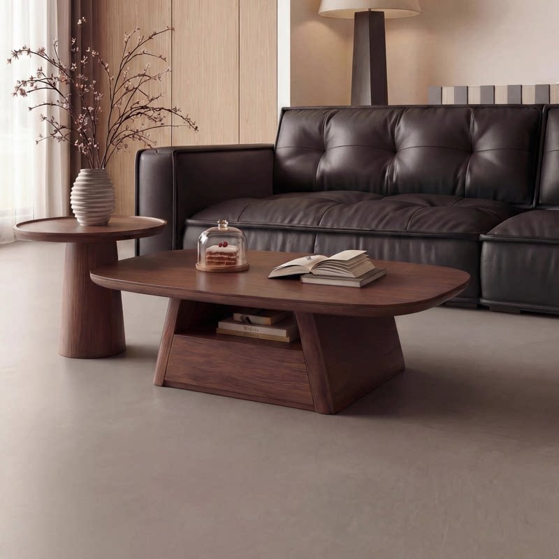 中古风胡桃木椭圆形茶几小圆桌电视柜组合茶几家用客厅小户型茶几