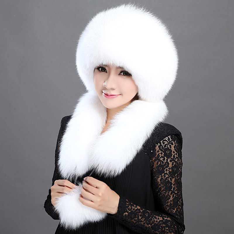 新款獭兔毛帽子围巾一体风雪帽女冬季狐狸毛皮草保暖连帽带帽围脖