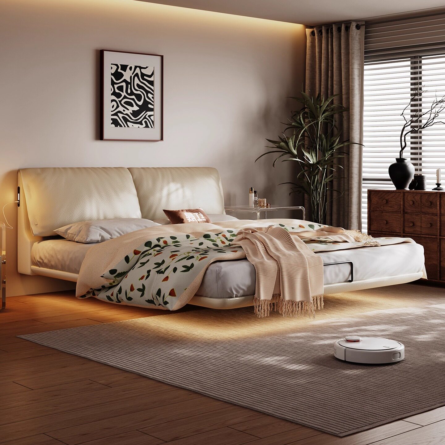 大象耳朵悬浮床中古风意式现代主卧大床1米8双人床实木软包真皮床