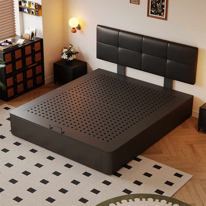 薄床头巧克力真皮床主卧碳素钢储物床中古风小户型齐边软包双人床