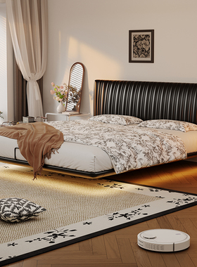 红晟贝壳真皮悬浮床意式极简主卧室高端大气黑色软包双人婚床1米8