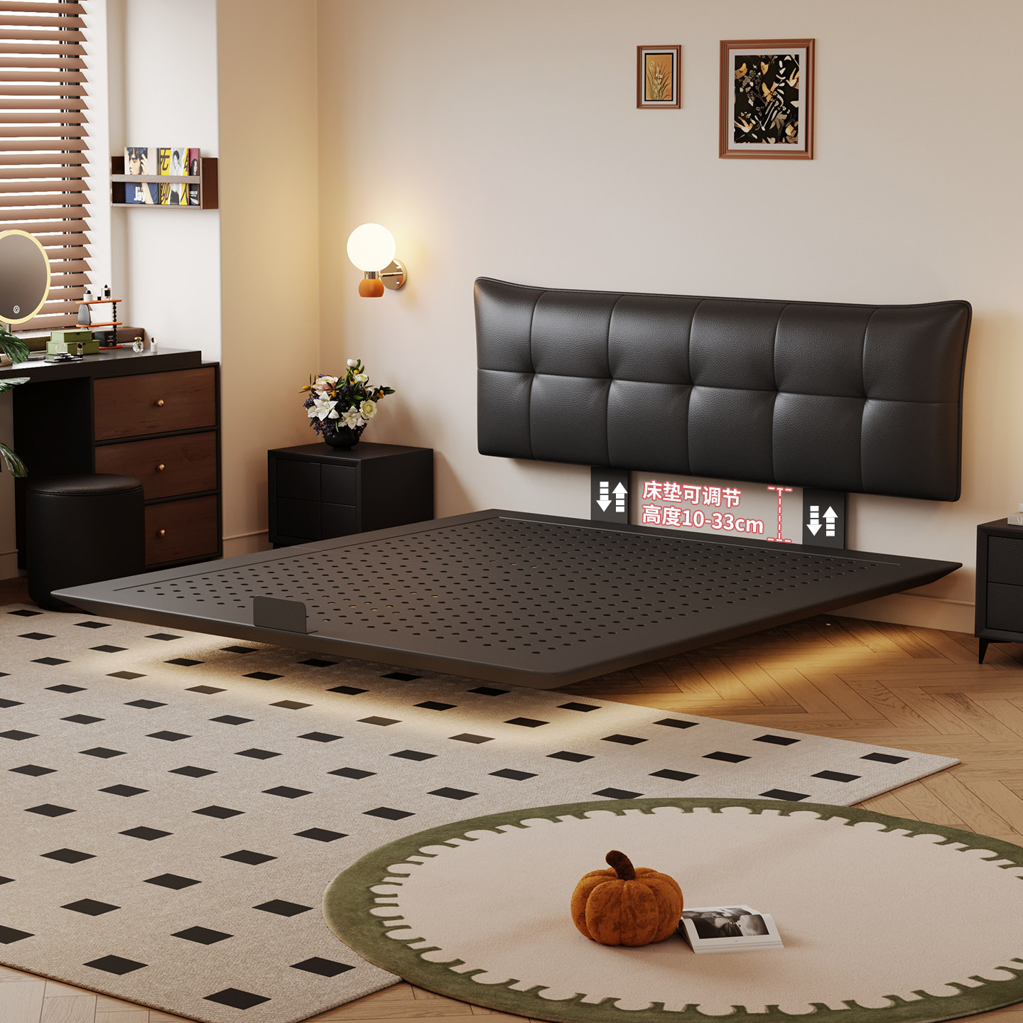 意式极简悬浮床主卧室薄床头碳素钢床架小户型齐边储物软包真皮床