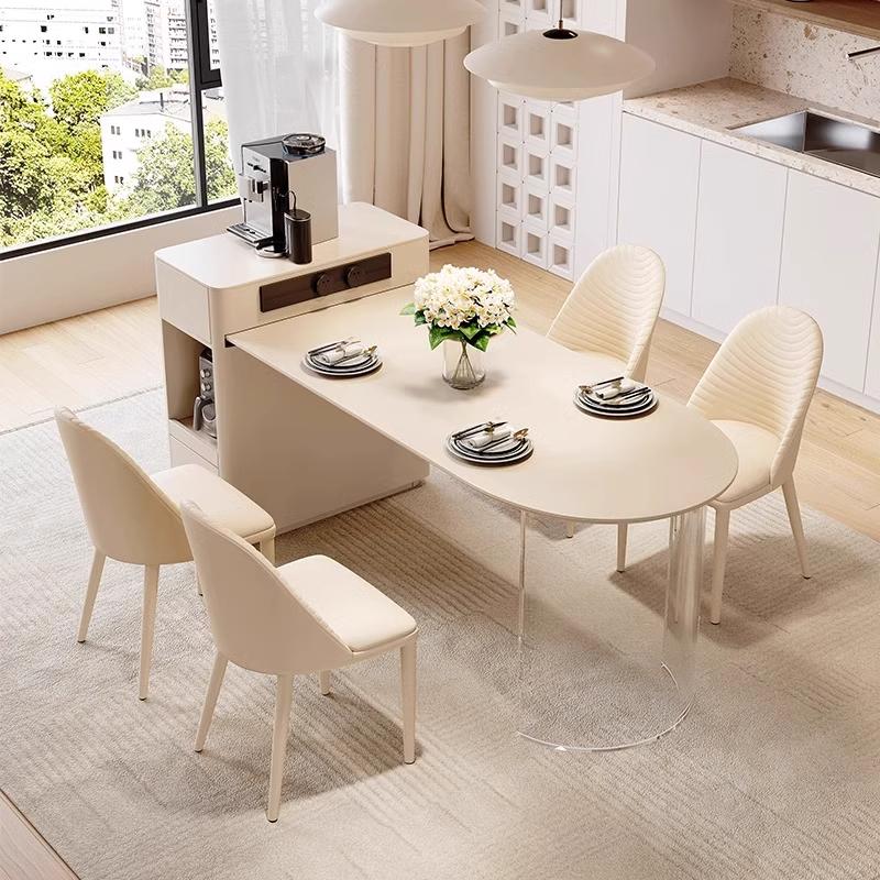 岩板岛台餐桌一体可伸缩小户型法式奶油风家用实木轻奢高级中岛台