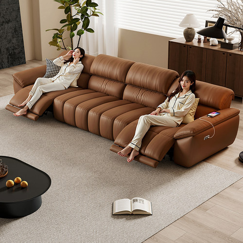 红晟电动沙发三人位客厅2025新款高端牛皮智能真皮中古风功能沙发