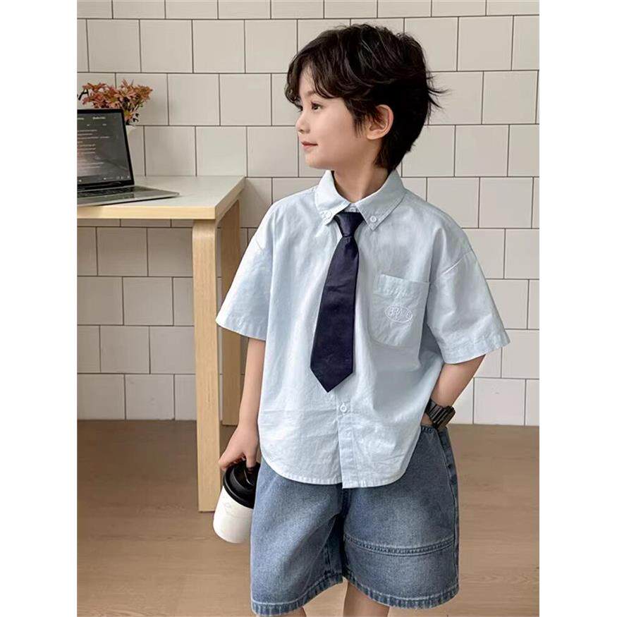 法国Uamtor男童衬衫短袖纯棉夏装2025新款套装白色衬衣学院风