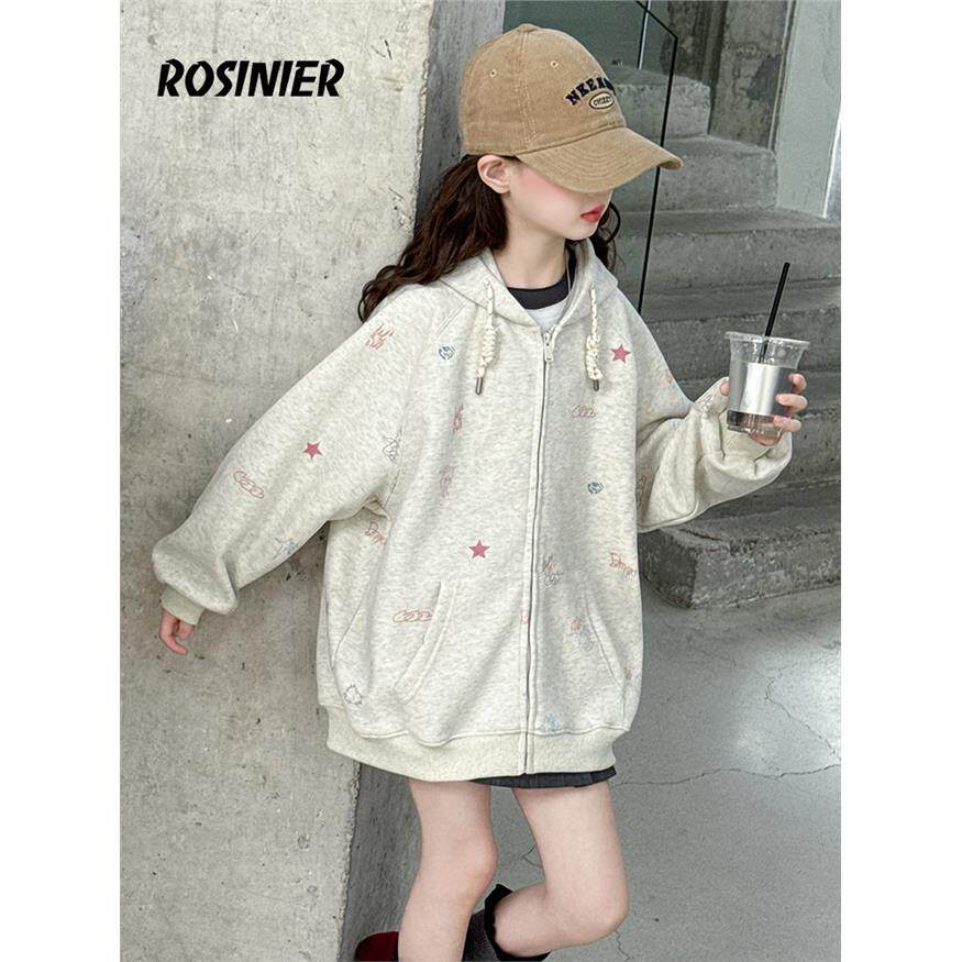 韩国ROSINIER女童外套2025新款中大童春秋款连帽卫衣女孩针织上衣