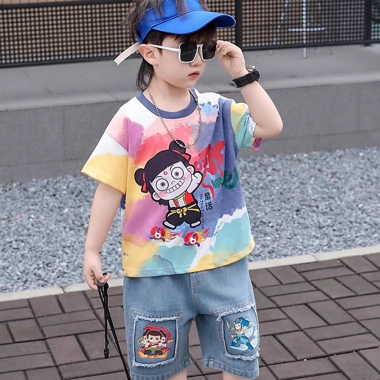 法国男童卡通哪吒短袖夏季儿童短裤套装宝宝牛仔裤2025新款夏装潮