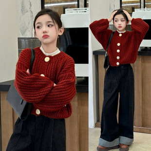 韩国Uamtor女童开衫红色毛衣秋冬女孩新年洋气韩版超好看针织上衣