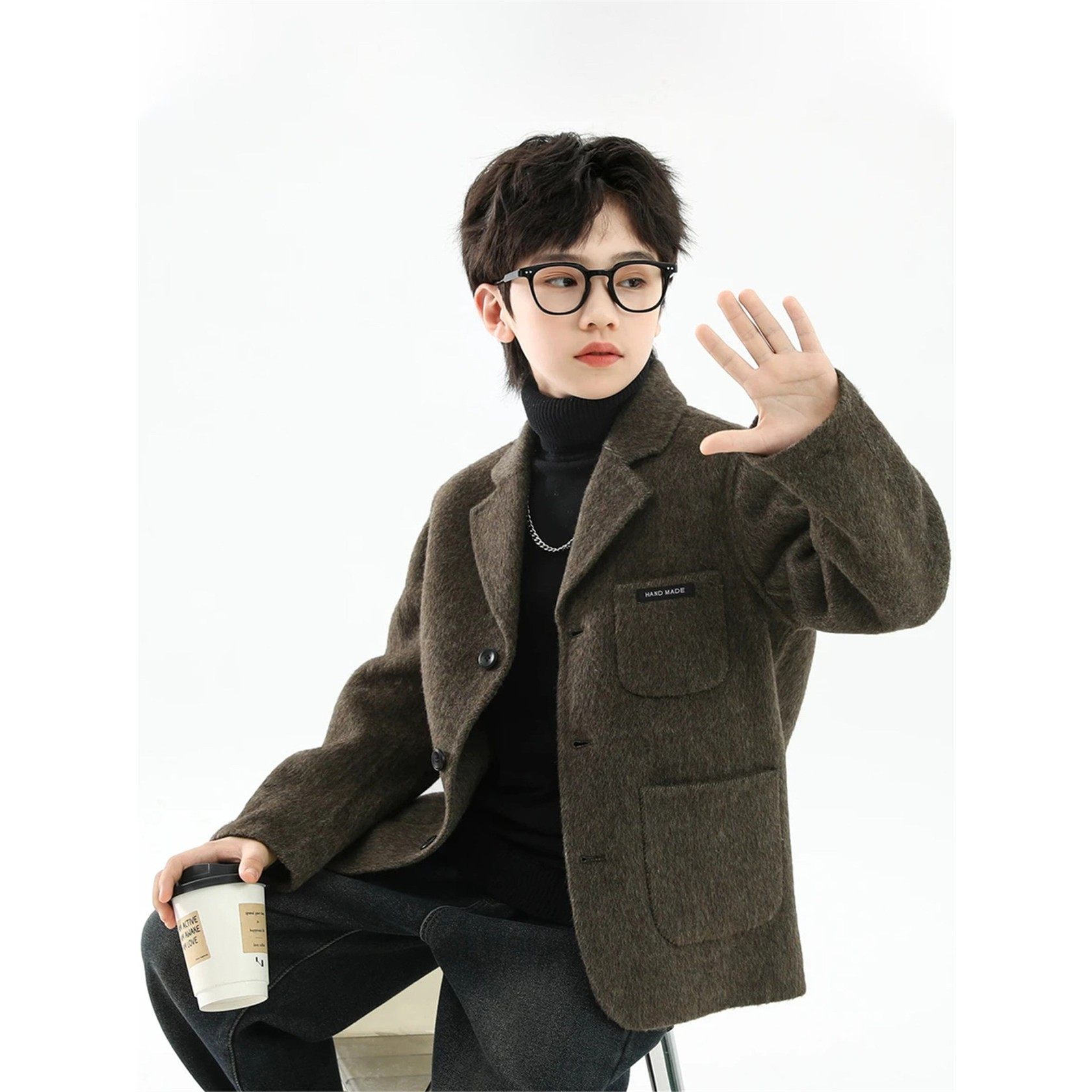 韩国Uamtor男童外套秋冬新款双面绵羊毛小西装中大童短款毛呢大衣